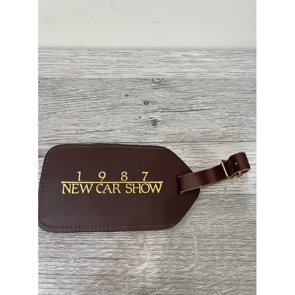 Vintage 1987 New Car Show Nissan Leather Luggage Tag Brown Gold Commemorative